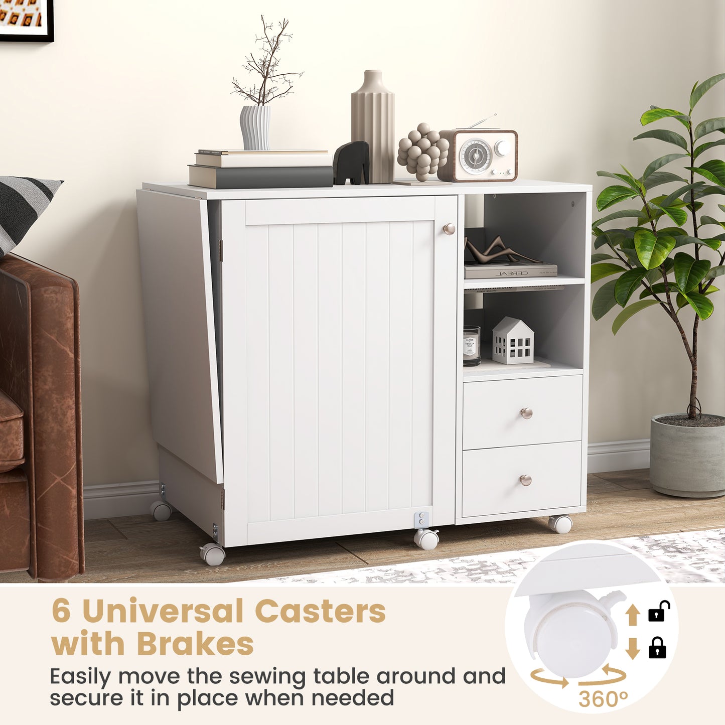 Folding Sewing Table with Charging Station and Storage Shelves, White Sewing Tables at Gallery Canada