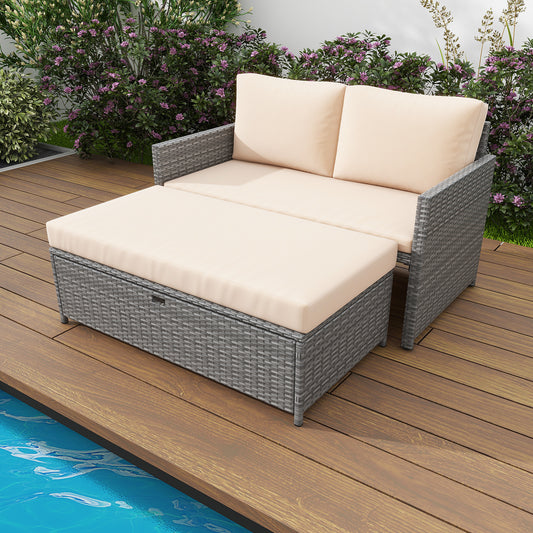 Outdoor Rattan Daybed Loveseat, 31 Gallon Storage Ottoman, Brown