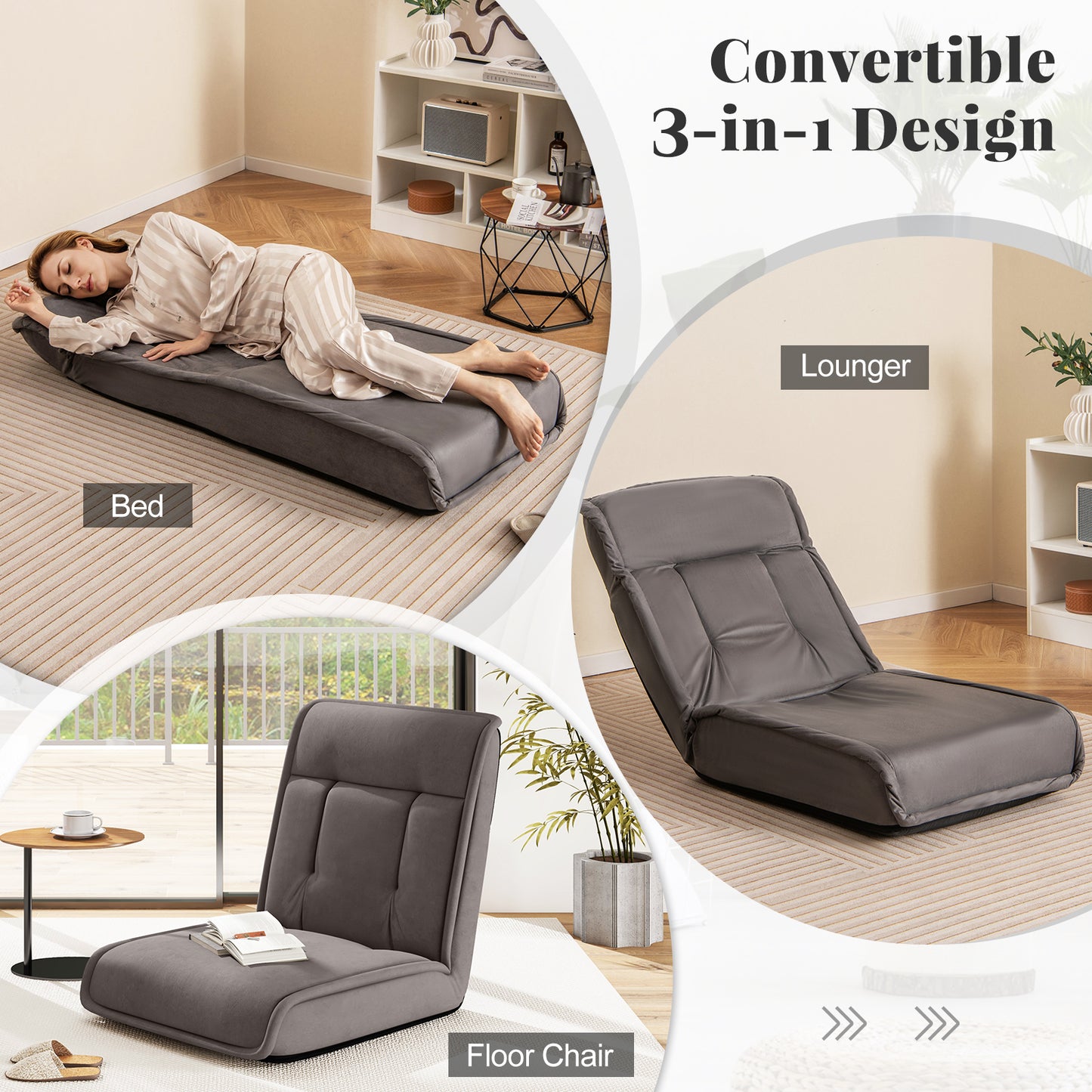 Chaise de sol pliante, dossier réglable en 14 positions, grise