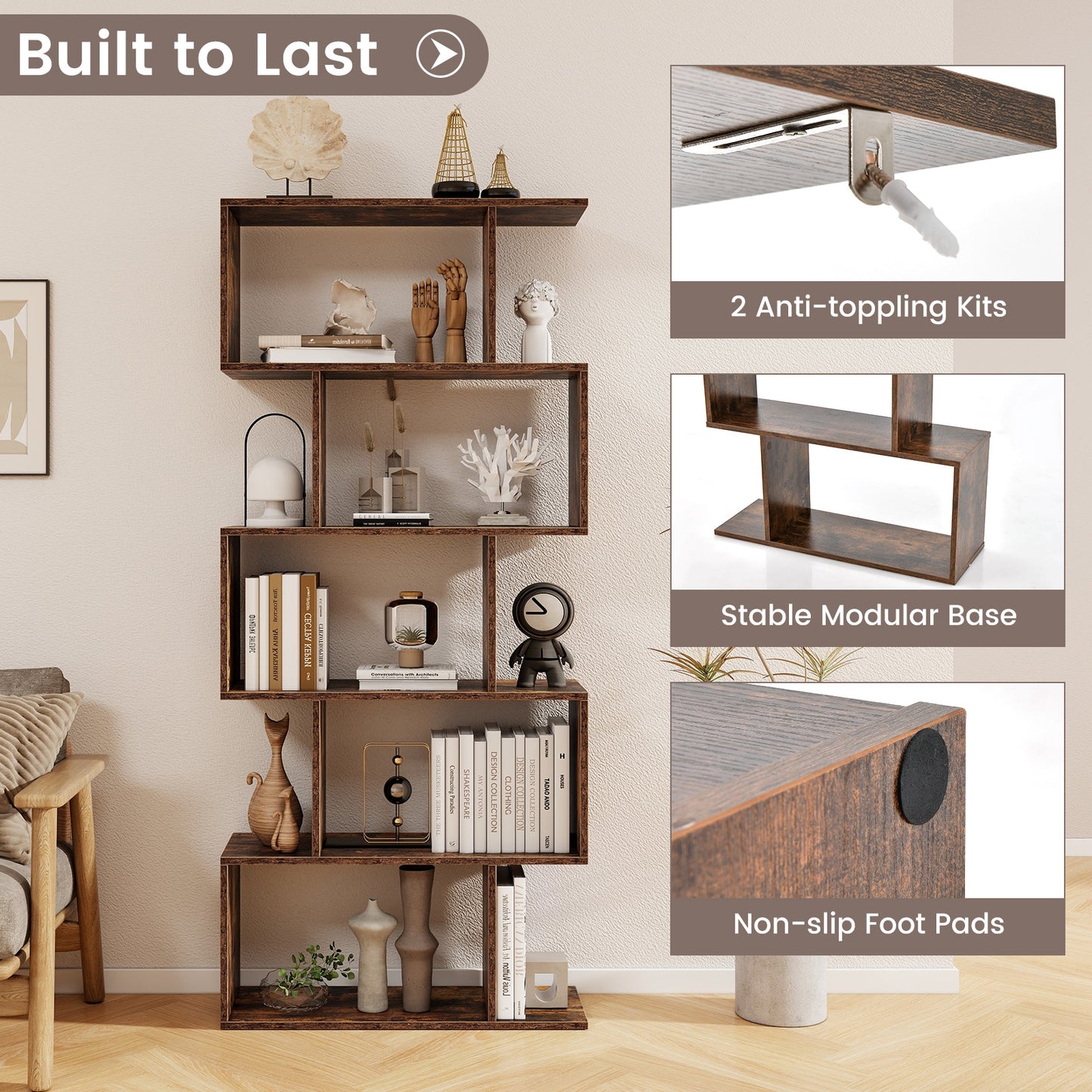 5-Tier Bookshelf with Anti-Toppling Device for Living Room Home Office, Rustic Brown Bookcases at Gallery Canada