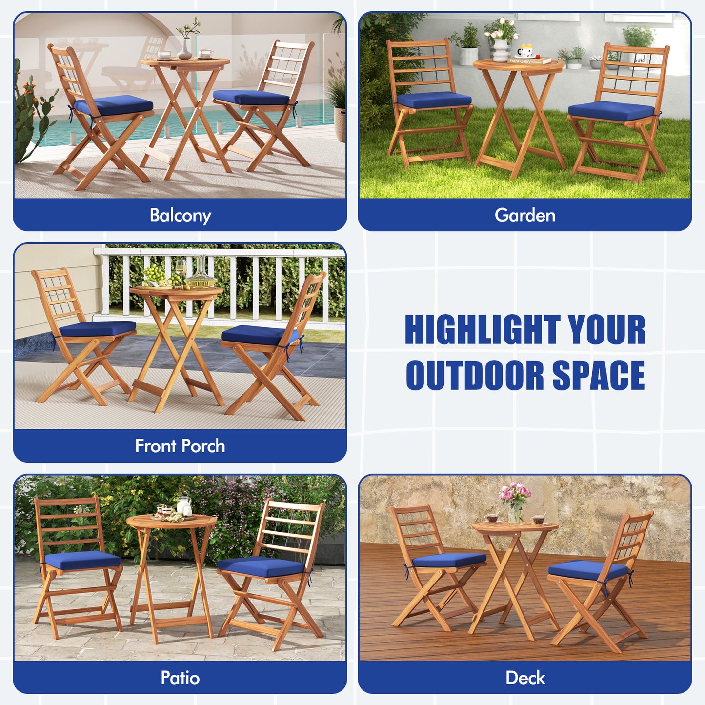 Ensemble de Bistro en Bois d'Acacia pour Terrasse, 3 Pièces, Coussins, Bleu Marine