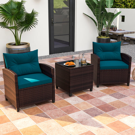 3 Pieces Rattan Patio Furniture Set with Washable Cushion, Peacock Blue Patio Conversation Sets Peacock Blue at Gallery Canada