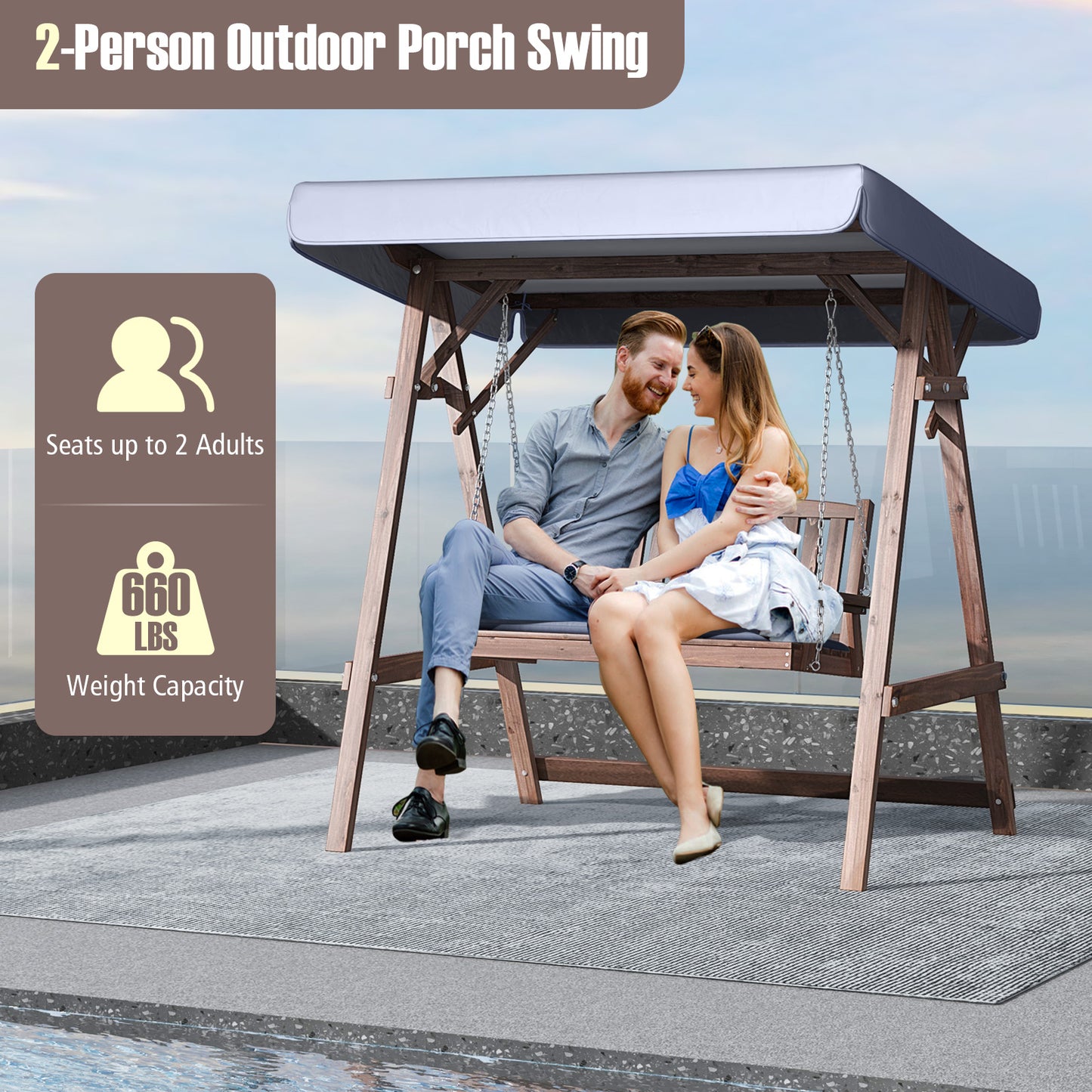 2-Person Porch Swing, Fir Wood Stand, Tilt Canopy, Brown Porch Swings at Gallery Canada