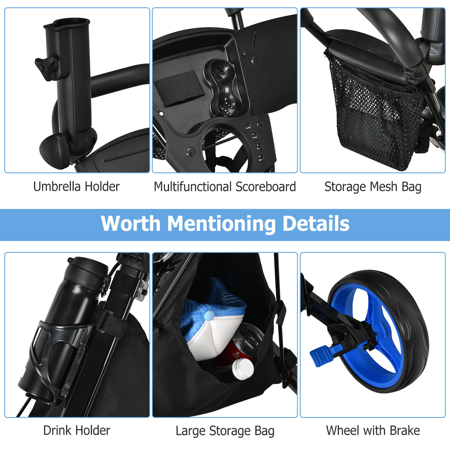 3 Wheels Folding Golf Push Cart with Seat Scoreboard and Adjustable Handle, Blue Golf at Gallery Canada