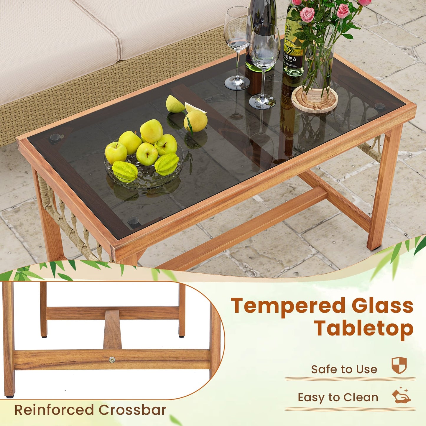 Ensemble de conversation pour patio extérieur en osier PE 4 pièces, cadre en bois d'acacia, marron