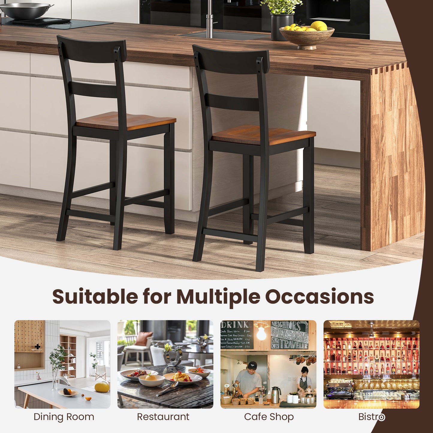 Farmhouse Dining Bar Stool Set, 2 Solid Rubber Wood Frame, Black Dining Chairs at Gallery Canada