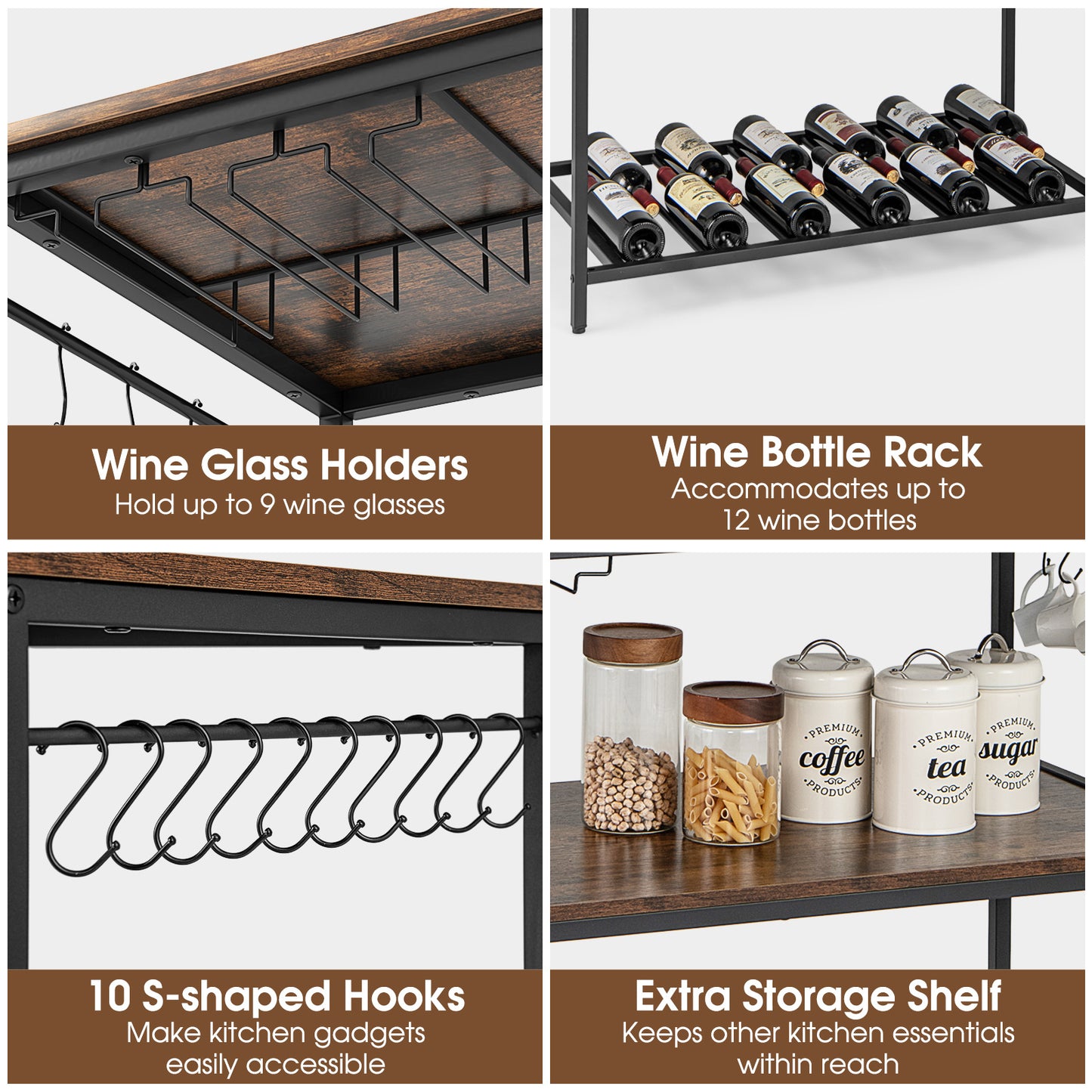 3 Shelves Kitchen Island Prep Table With Wine Rack, Rustic Brown Baker's Racks at Gallery Canada