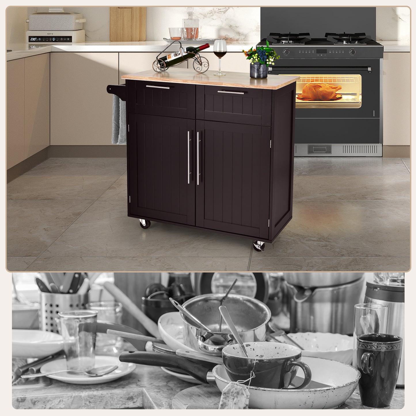 Heavy Duty Rolling Kitchen Cart with Tower Holder and Drawer, Brown Kitchen Islands & Carts at Gallery Canada