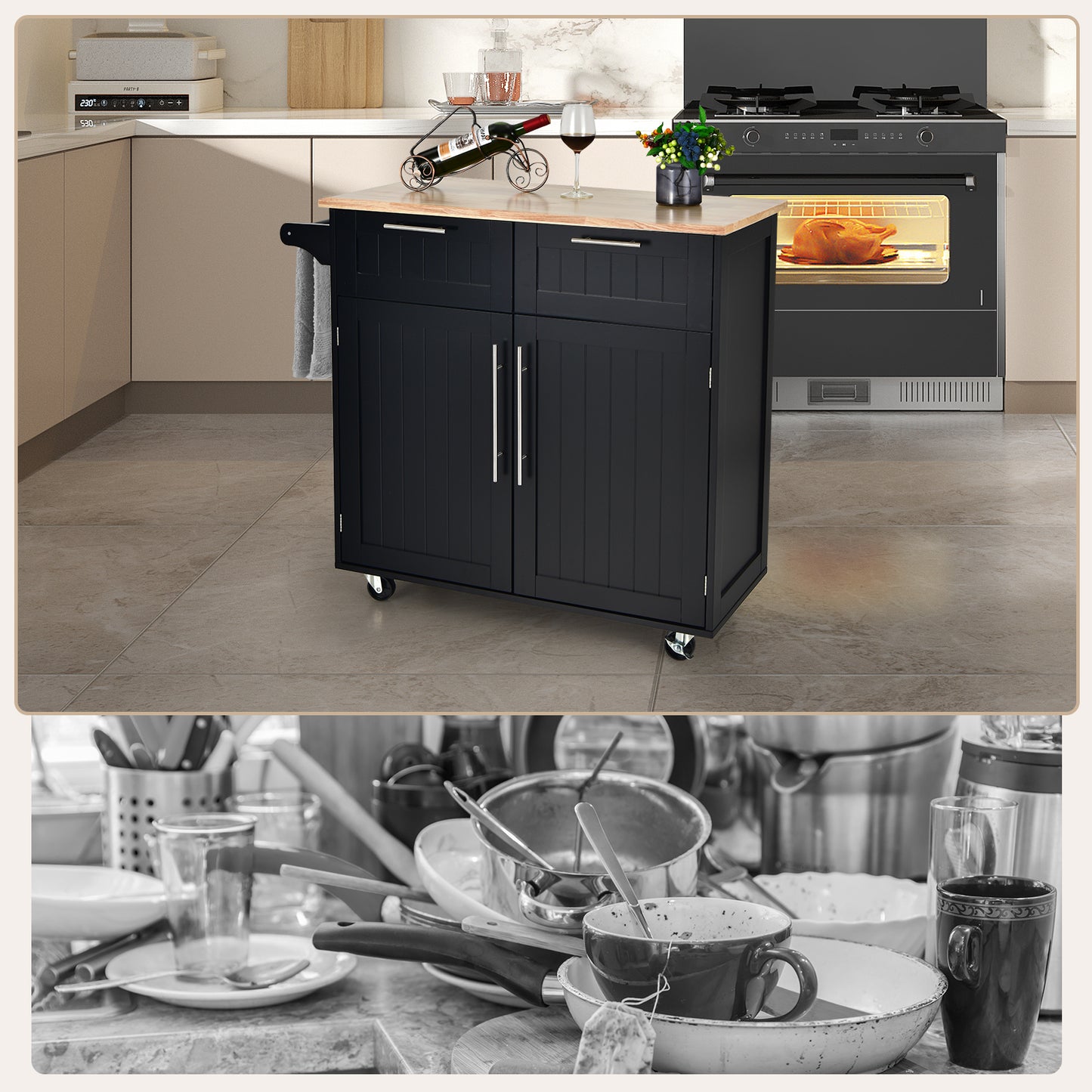 Heavy Duty Rolling Kitchen Cart with Tower Holder and Drawer, Black Kitchen Islands & Carts at Gallery Canada