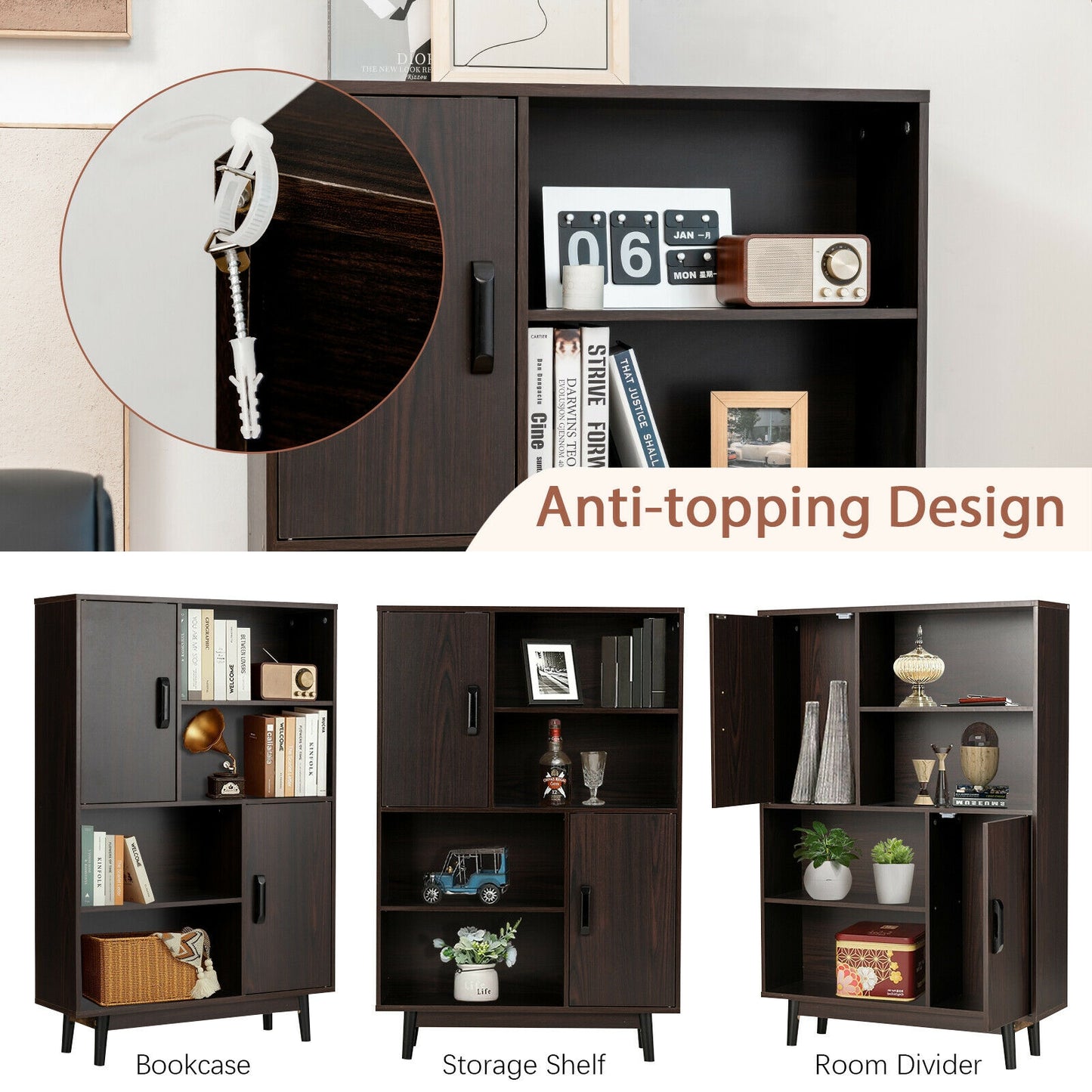Sideboard Storage Cabinet with Door Shelf, Dark Brown Cabinets & Chests at Gallery Canada