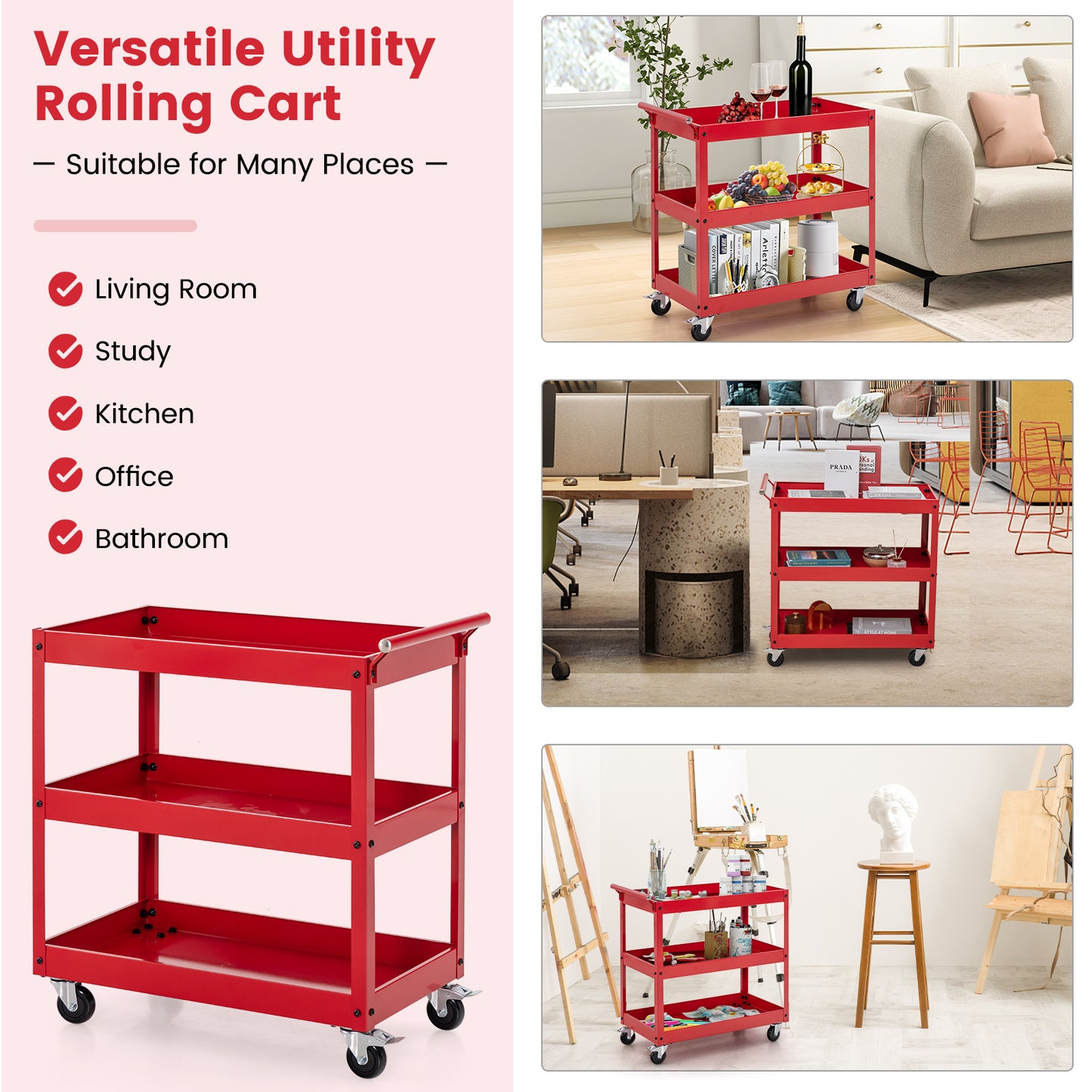3-Tier Utility Cart Metal Mental Storage Service Trolley, Red Kitchen Islands & Carts at Gallery Canada