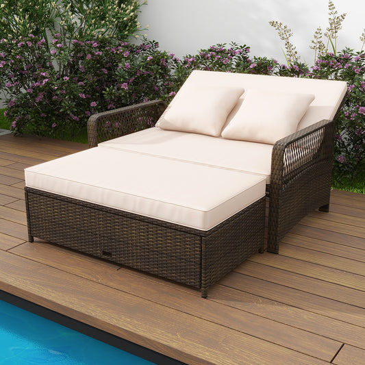 Adjustable Wicker Daybed, 4-Level Backrest, Soft Cushions, Beige Outdoor Sectionals Beige at Gallery Canada