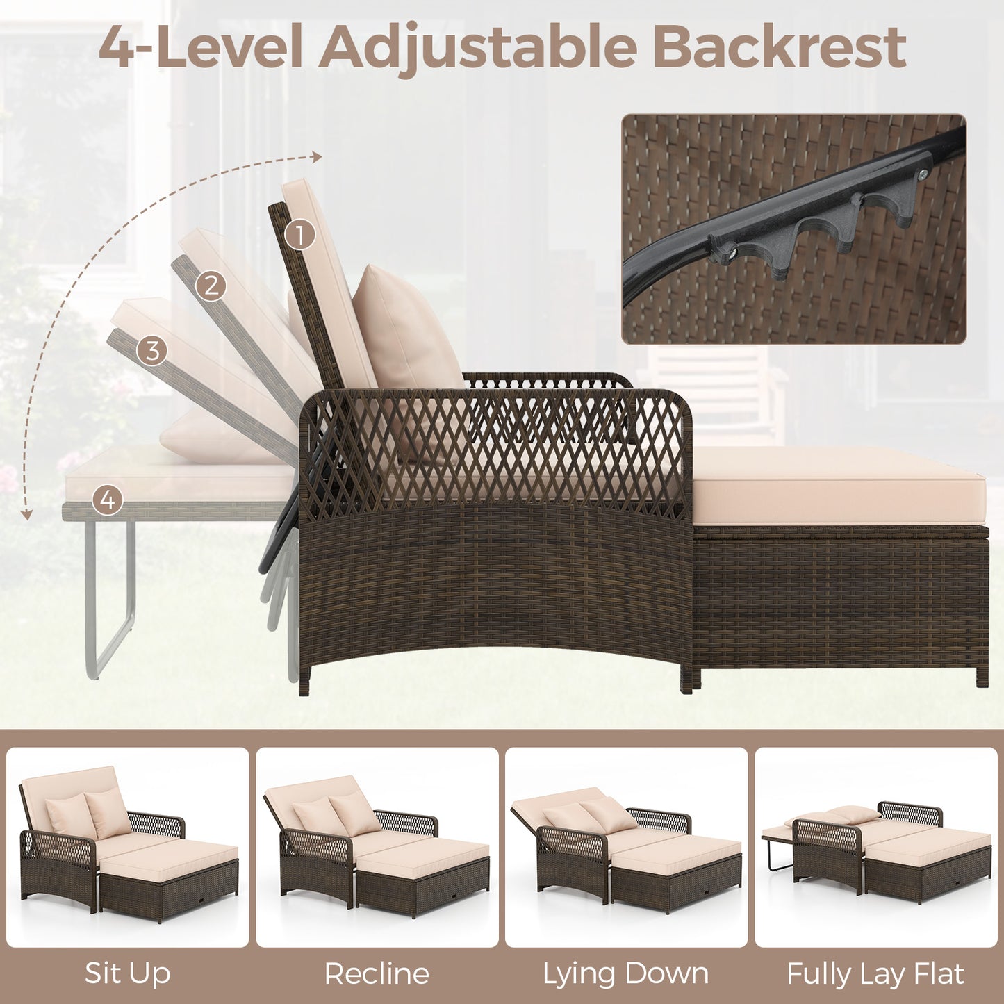Adjustable Wicker Daybed, 4-Level Backrest, Soft Cushions, Beige Outdoor Sectionals at Gallery Canada