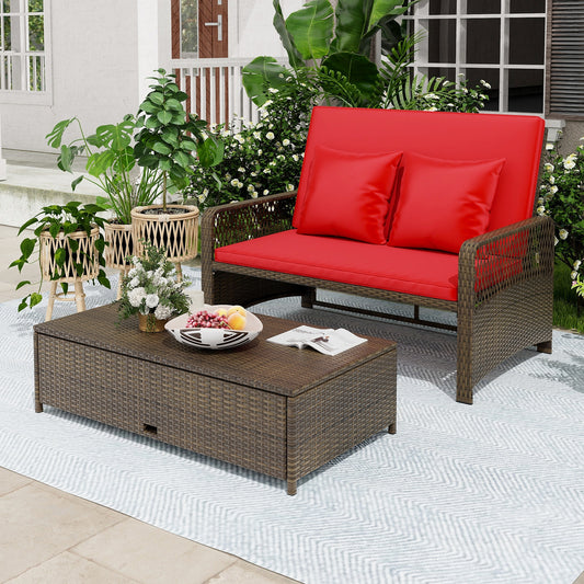Patio Adjustable Wicker Daybed with 4-Level Backrest and Soft Cushions, Red Outdoor Sectionals Red at Gallery Canada