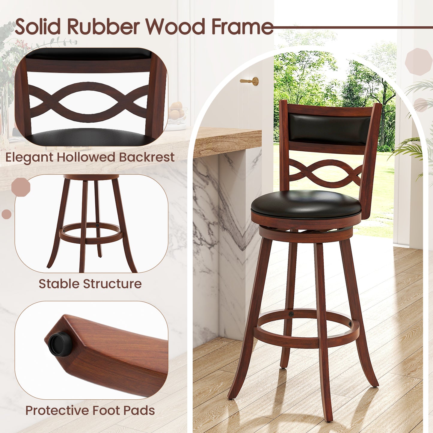 Bar Stools Set of 2 with Rubber Wood Frame and Faux Leather Upholstered Seat-29 Inch, Black & Brown Bar Stools at Gallery Canada