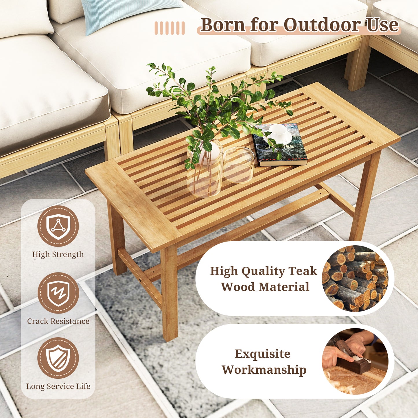 36 Inch Rectangular Patio Coffee Table, Slatted Tabletop, Natural Patio Coffee Tables at Gallery Canada