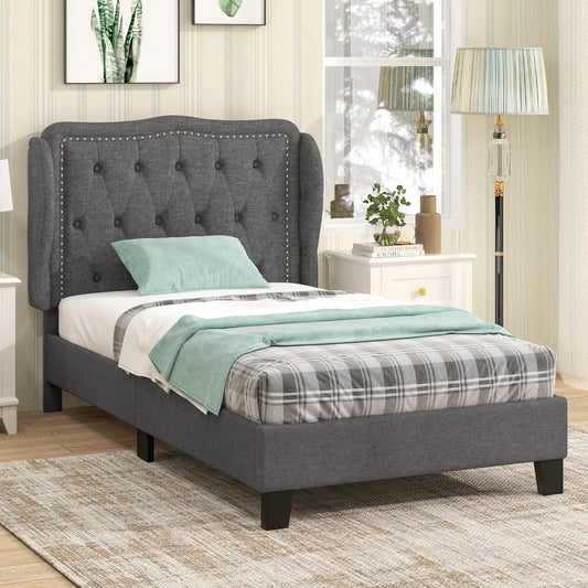 Twin Size Bed Frame with Button Tufted Wingback Headboard and Storage Space, Gray Simple Bed Frame Gray at Gallery Canada