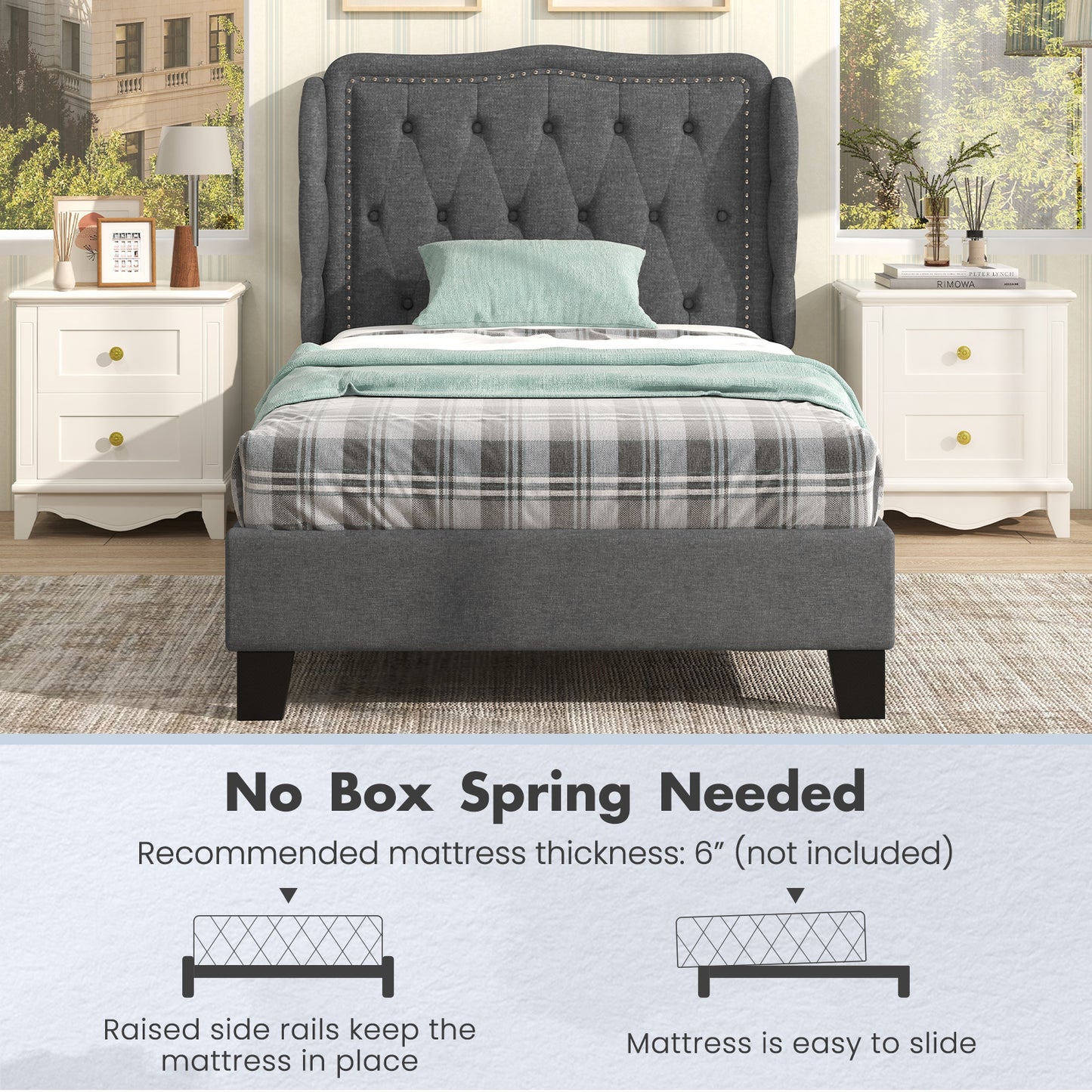 Twin Size Bed Frame, Button Tufted Wingback Headboard, Storage Space, Gray Simple Bed Frame at Gallery Canada