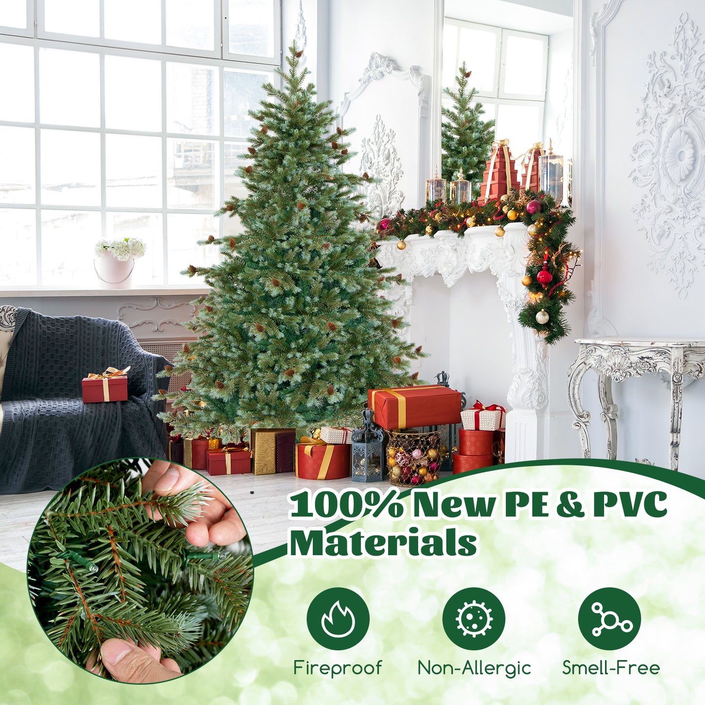 Arbre de Noël de 6 pieds avec lumières LED blanc chaud, pommes de pin, vert