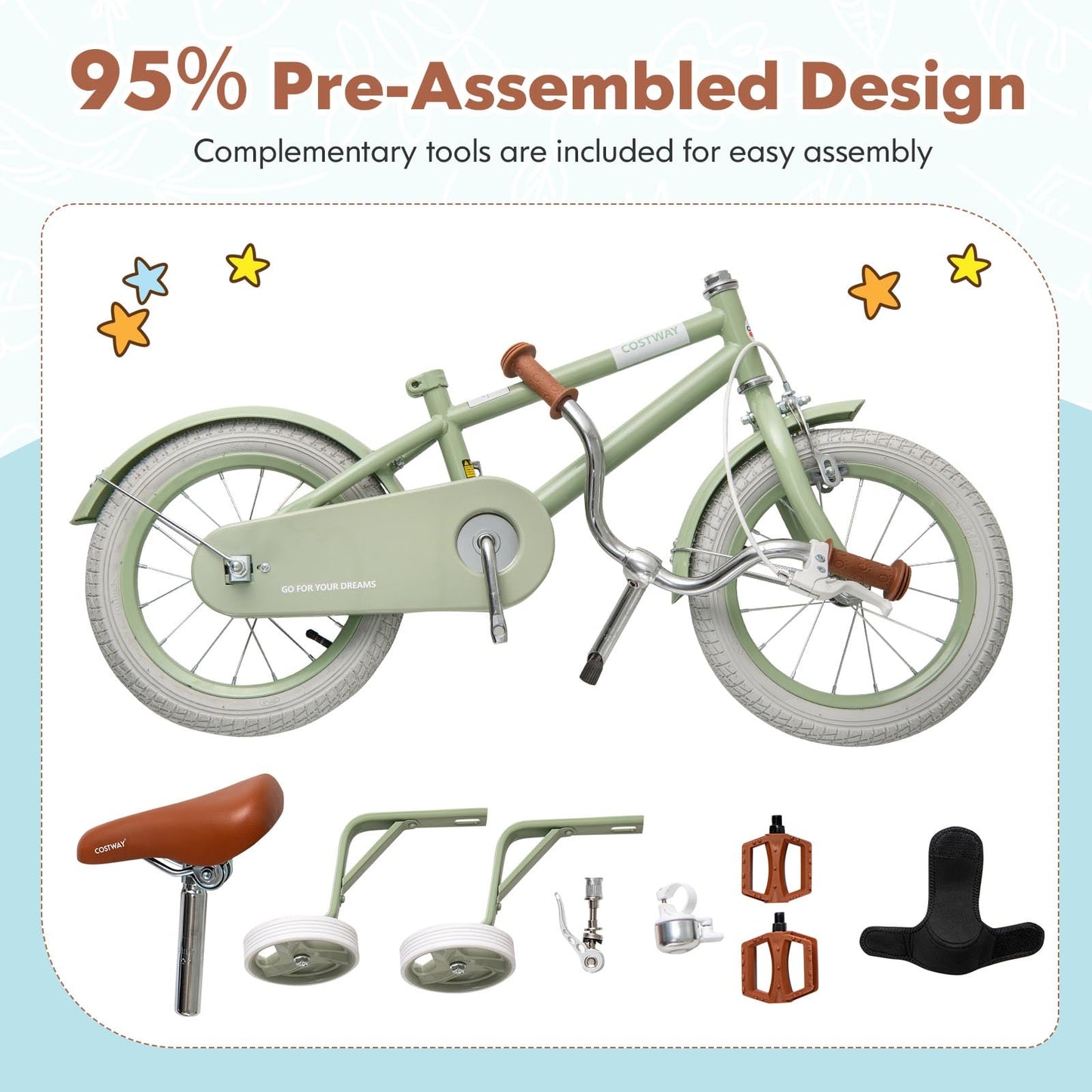 Vélo pour Enfants, Guidon et Selle Réglables, 12 Pouces, Vert