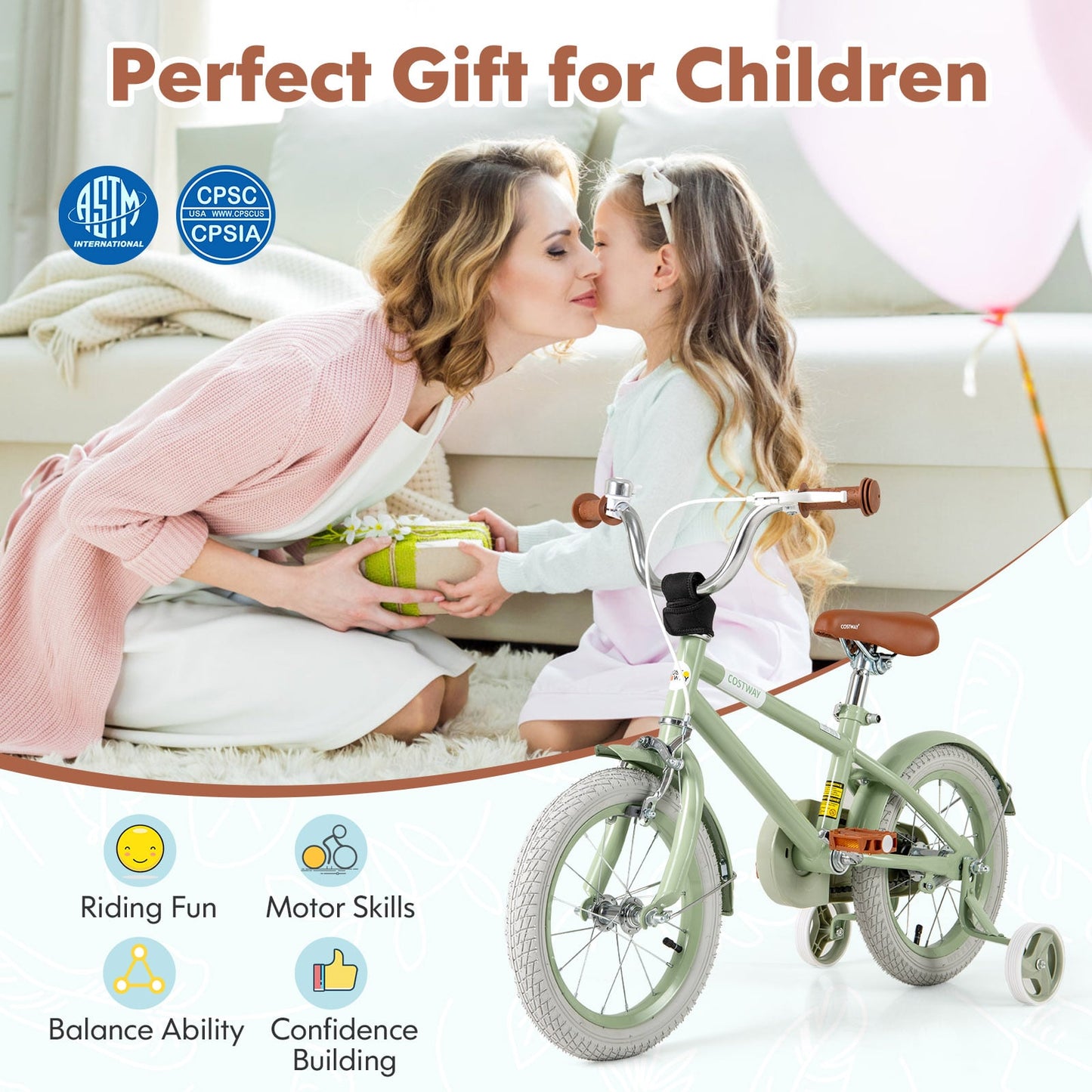 Vélo Enfant, Guidon et Selle Réglables, 14 Pouces, Vert