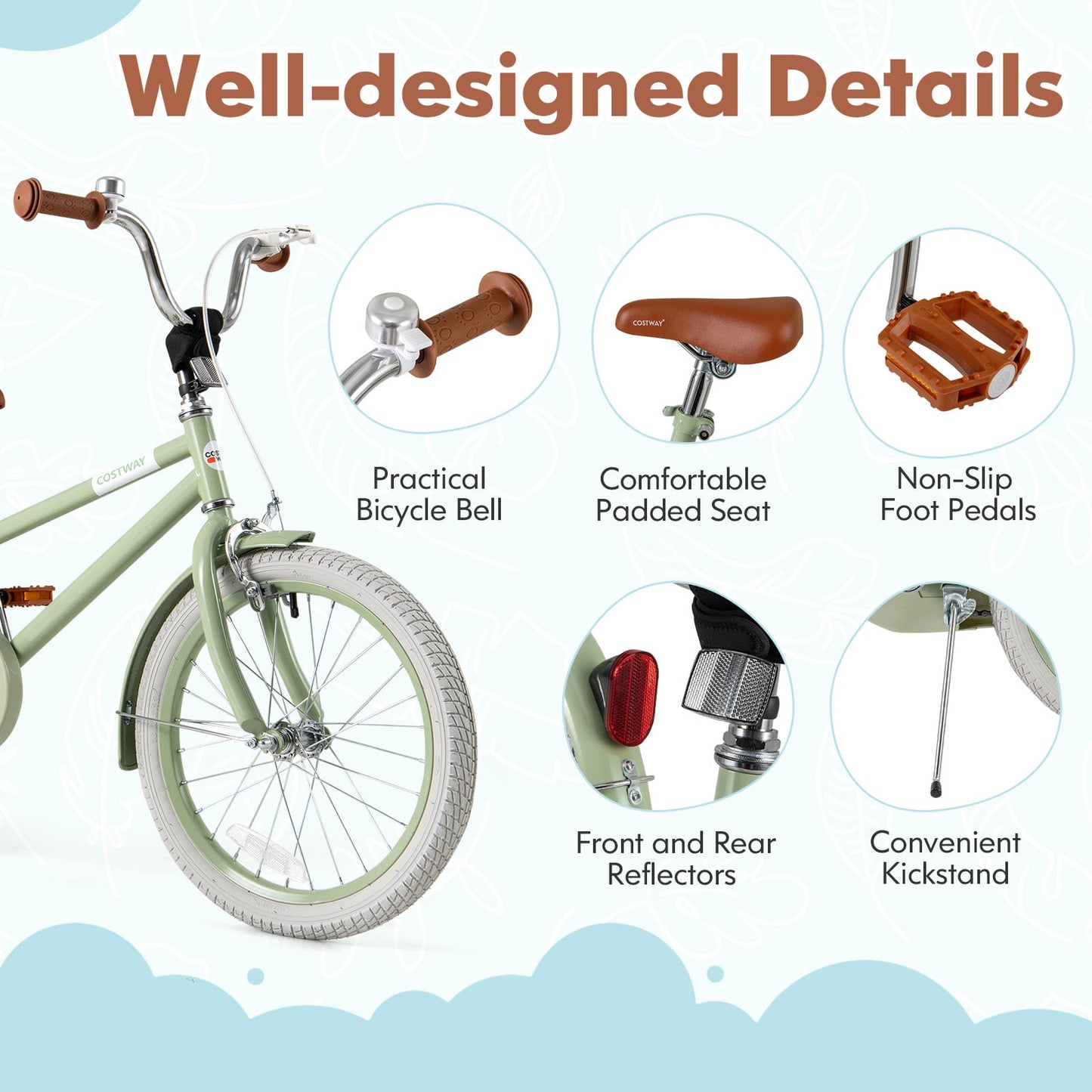 Vélo Enfant, Guidon et Selle Réglables, 18 Pouces, Vert