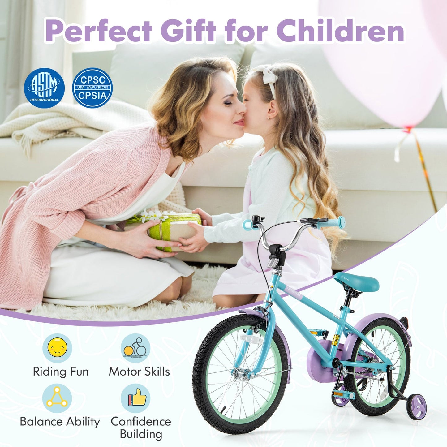 Vélo Enfant, Guidon et Selle Réglables, 18 Pouces, Violet