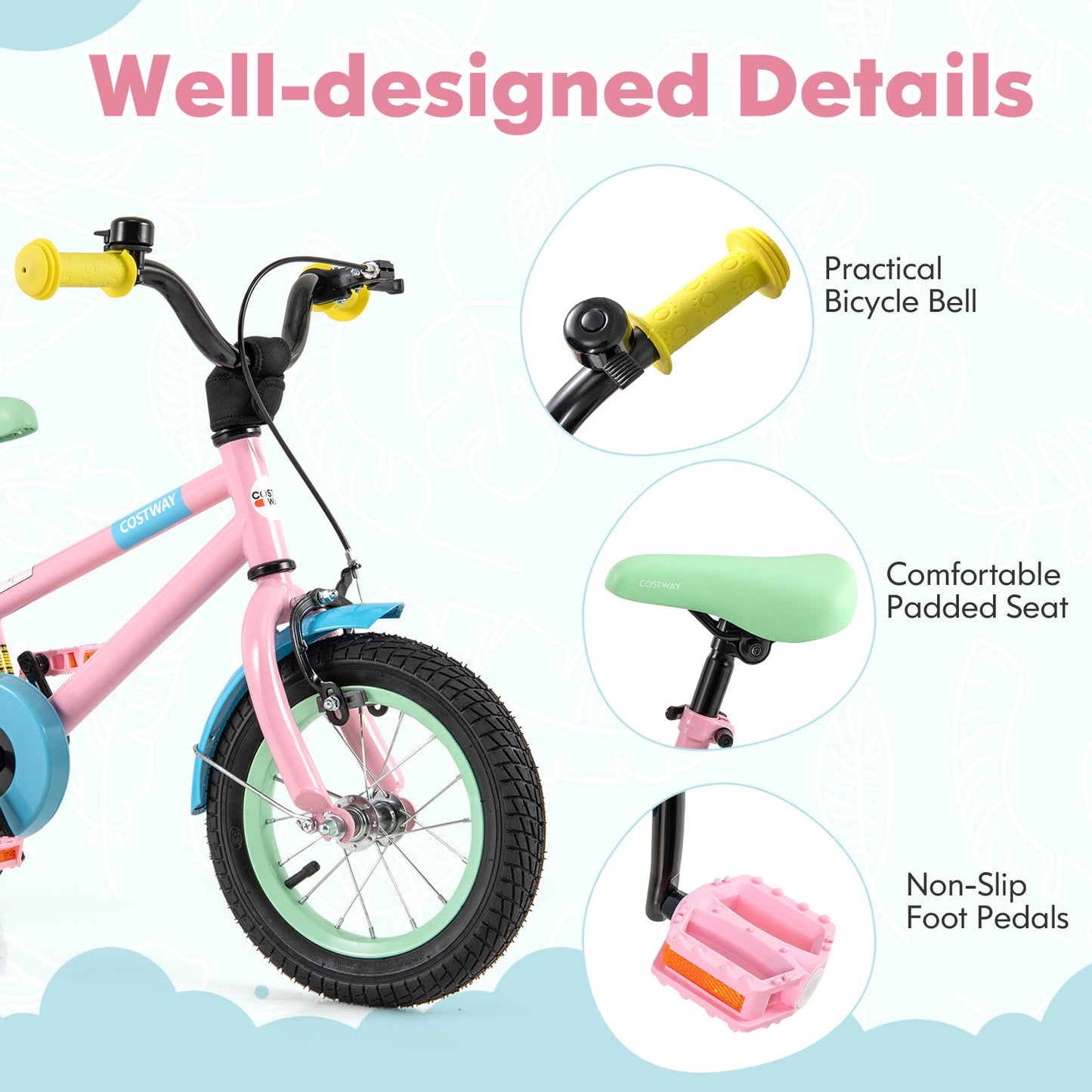 Vélo Enfant, Guidon Réglable, 12 Pouces, Rose