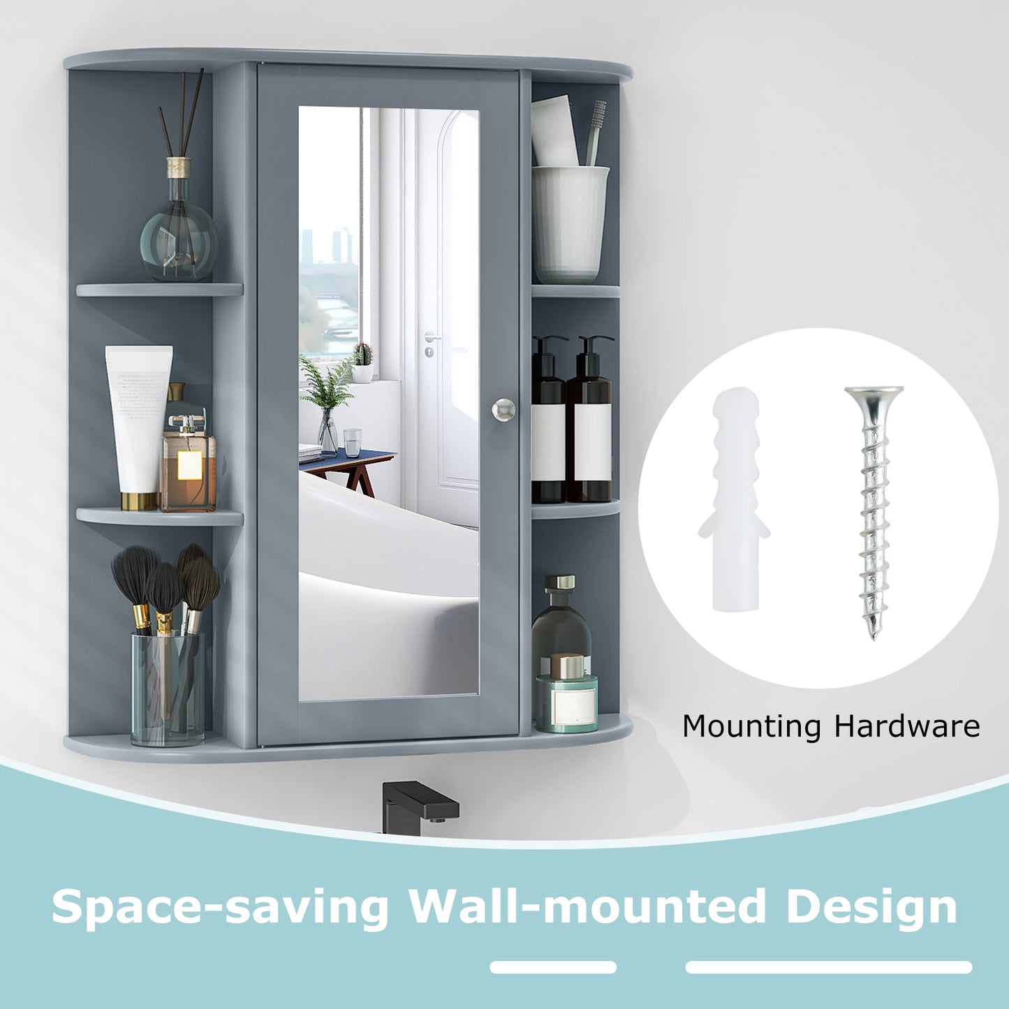 Bathroom Single Door Shelves Wall Mount Cabinet with Mirror, Gray Wall Cabinets at Gallery Canada