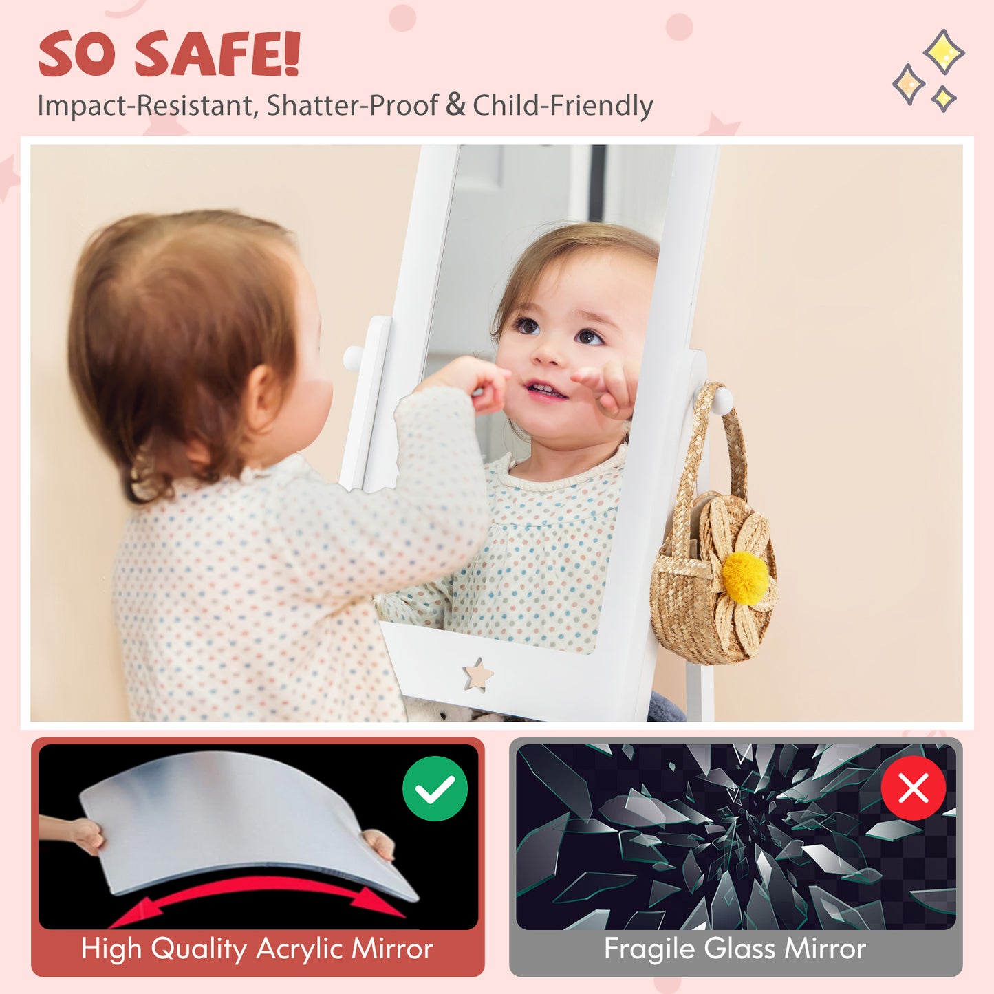 Miroir Pleine Longueur pour Enfants, Rotatif à 360 Degrés, Bac de Rangement, Blanc