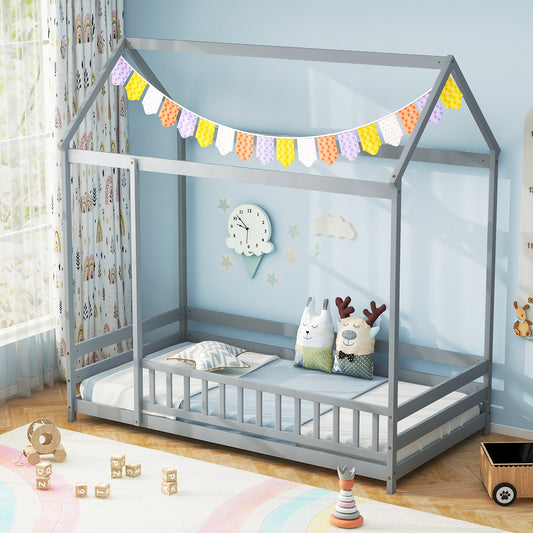 Twin Size Kids House Bed Wooden Floor Bed with Roof and Full-length Safety Guardrail, Gray Toddler Beds Gray at Gallery Canada