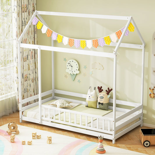 Twin Size Wooden Floor Bed With Roof, Full-Length Safety Guardrail, White Toddler Beds White at Gallery Canada