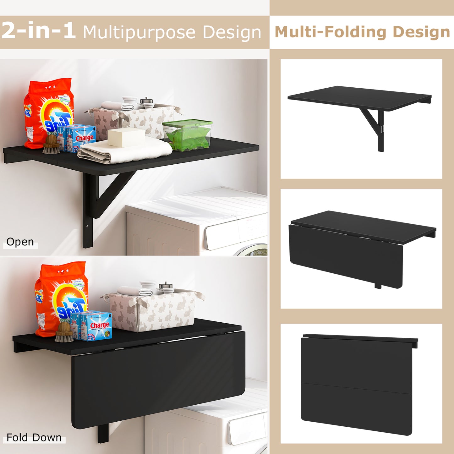 Folding Wall-Mounted Drop-Leaf Table, Black