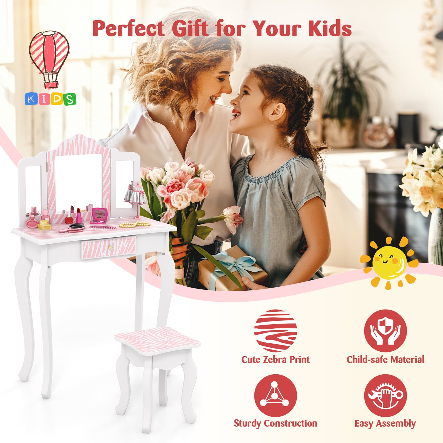 Ensemble de Coiffeuse pour Enfants avec Tiroir, 3 Accessoires de Maquillage, Rose