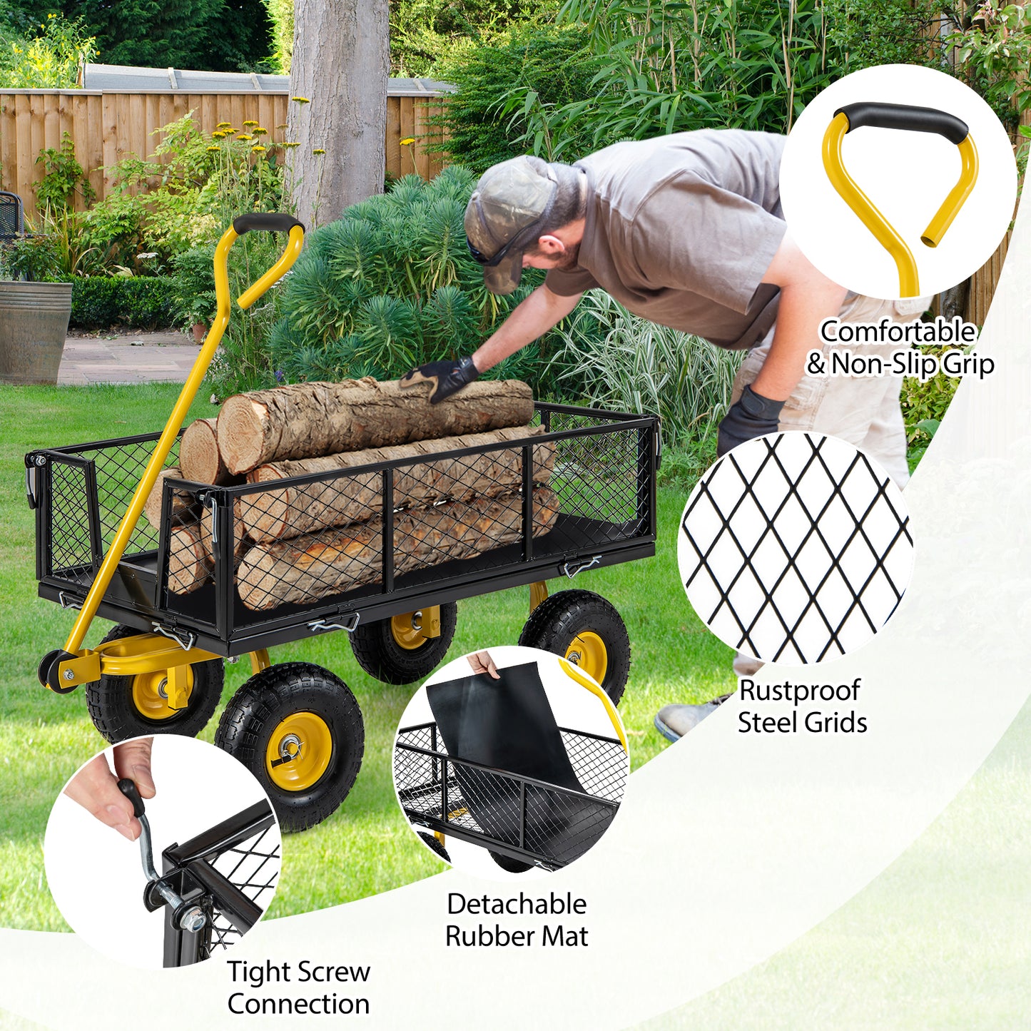 Chariot de jardin, 43 X 21 X 36 pouces, capacité de charge 900/1200 livres, 4 panneaux amovibles