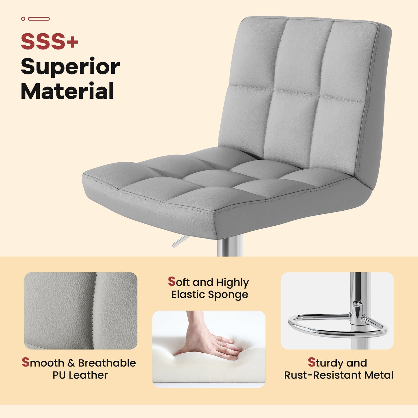 Set of 2 Square Swivel Adjustable Bar Stools with Back and Footrest, Gray Bar Stools at Gallery Canada