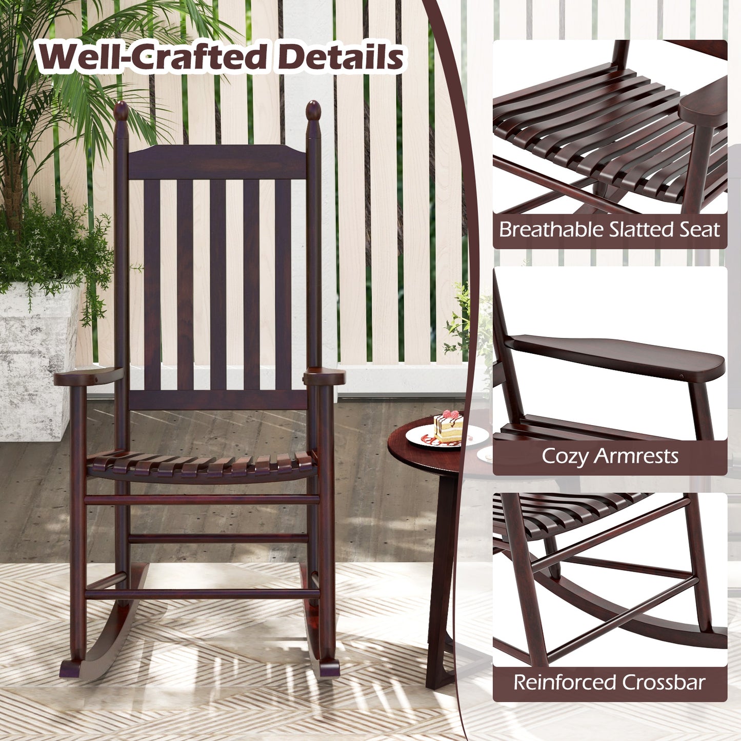 High-Back Acacia Wood Outdoor Rocking Chair with Solid Rocking Base, Brown Patio Rocking Chairs & Gliders at Gallery Canada
