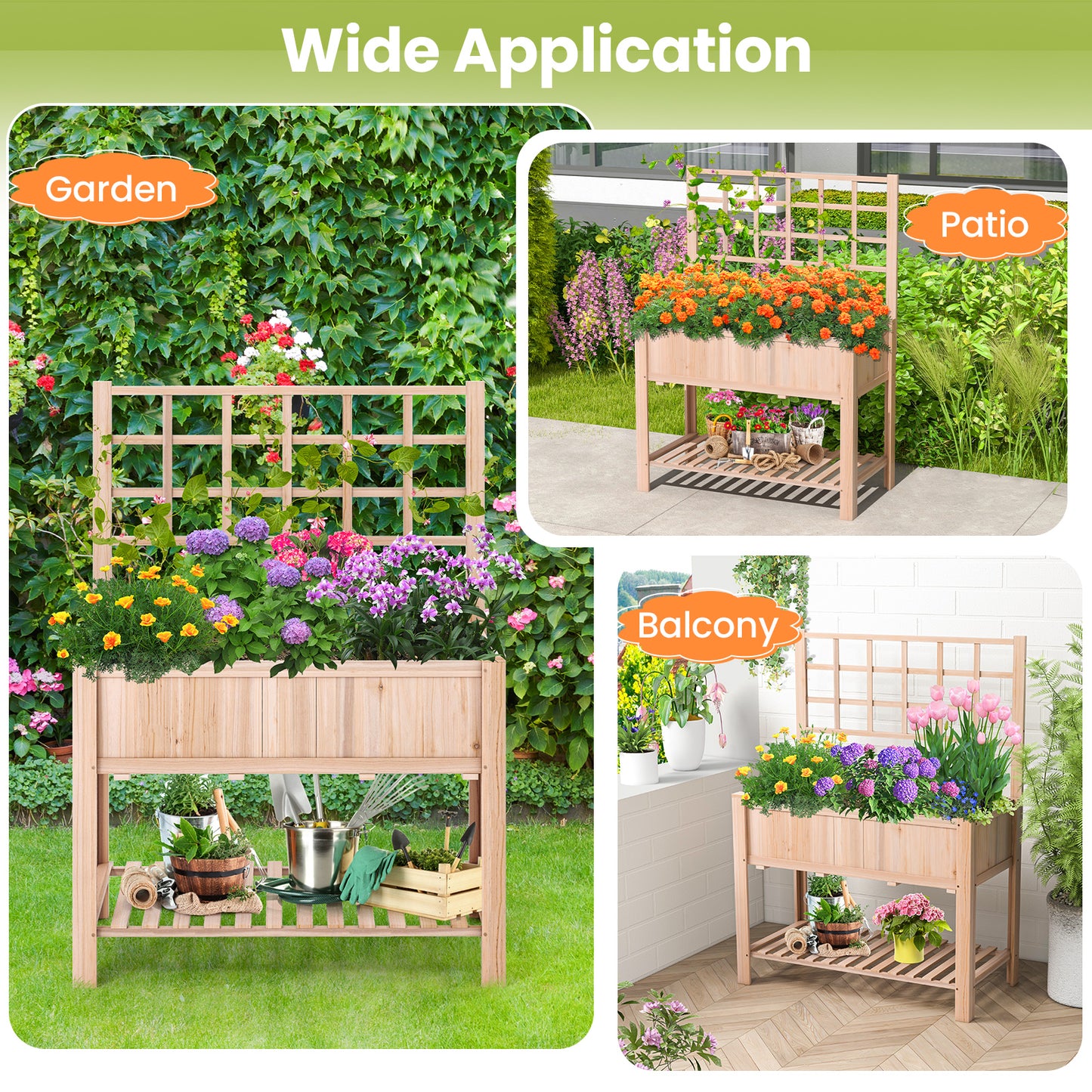 Raised Garden Bed, Elevated Wooden Planter Box With Trellis, Natural