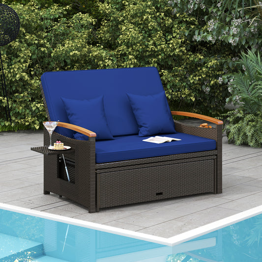 Outdoor Wicker Daybed With Folding Panels, Storage Ottoman, Navy