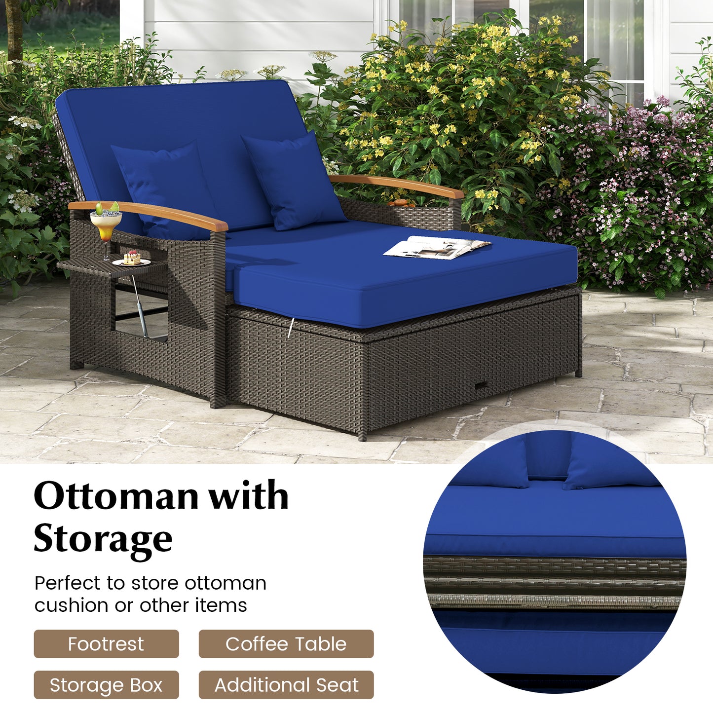 Outdoor Wicker Daybed with Folding Panels and Storage Ottoman, Navy Outdoor Seating & Patio Chairs at Gallery Canada