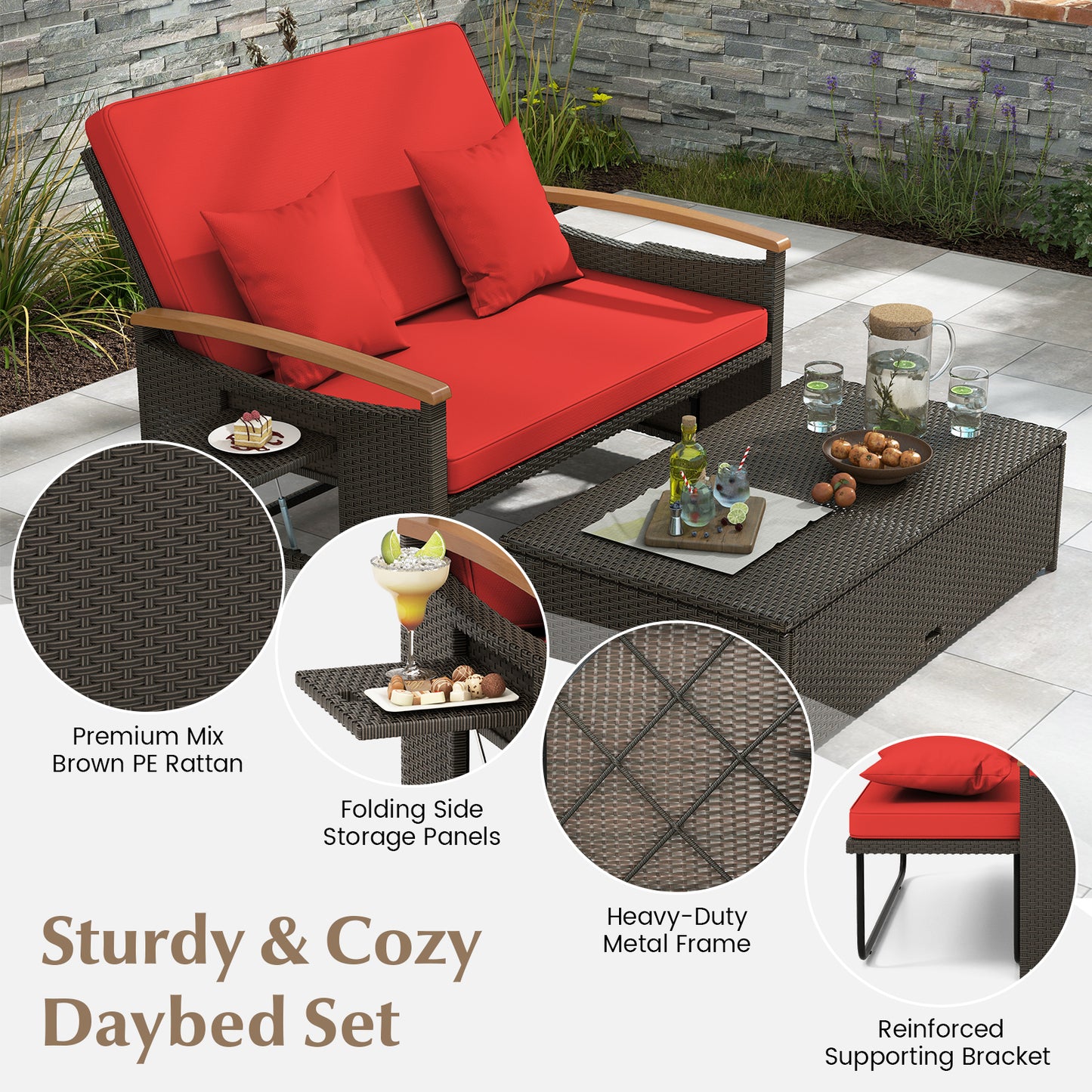 Outdoor Wicker Daybed with Folding Panels and Storage Ottoman, Red Outdoor Seating & Patio Chairs at Gallery Canada