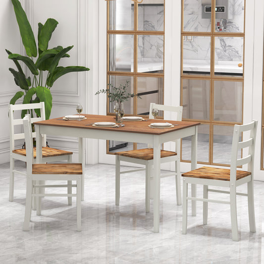 5-Piece Wooden Dining Set, Rectangular Table, 4 Chairs, Coffee and White