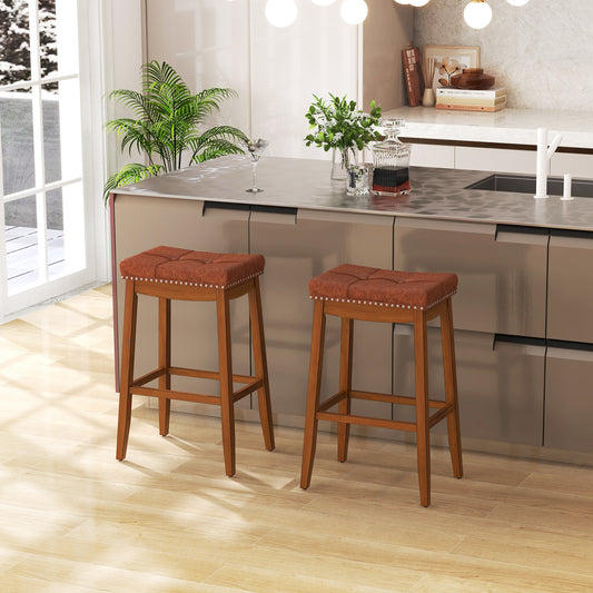 25/29 Inch Set of 2 Upholstered PU Leather Bar Stools with Saddle Seat-29 inches, Brown Bar Stools Set of 2 - 29 Inches at Gallery Canada