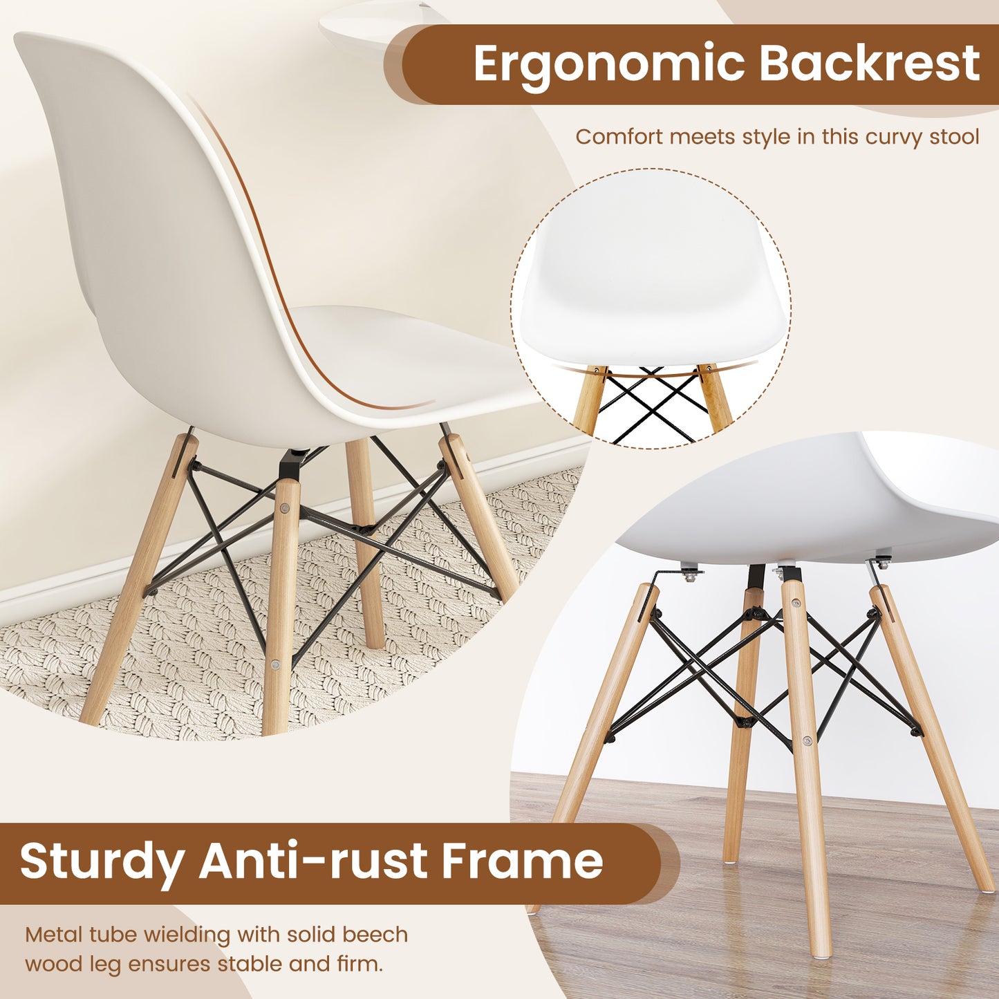 Set Of 4 Modern Dining Side Chairs, Wood Legs, White