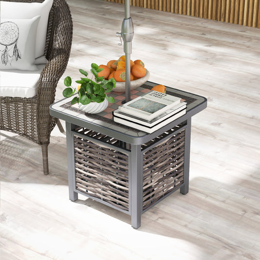 21.5 Inches Outdoor PE Rattan Side Table Square End Table with Umbrella Hole, Brown Patio Coffee Tables Brown at Gallery Canada