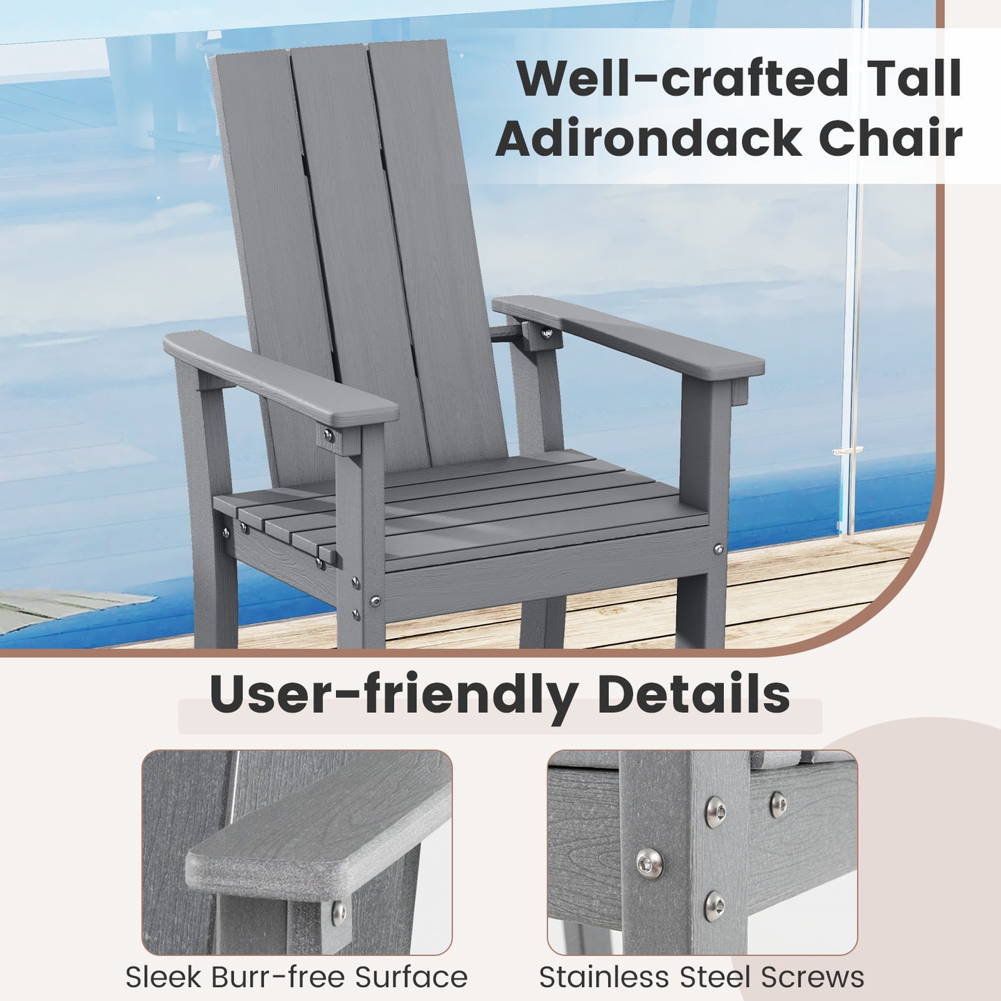 Tall Adirondack Chair Outdoor Bar Stool with Ergonomic Backrest for Backyard, Gray Adirondack Chairs at Gallery Canada