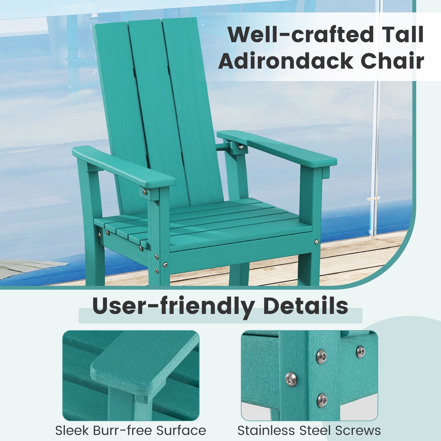 Chaise Adirondack haute, Tabouret de bar extérieur, Dossier ergonomique, Turquoise