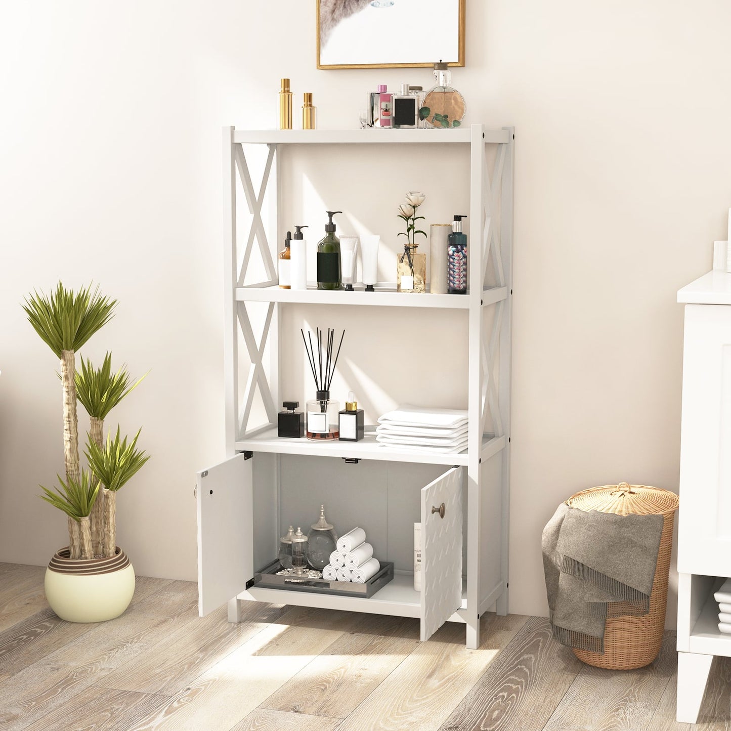 Bathroom Storage Cabinet, Open Shelves, Double Doors, White Floor Cabinets at Gallery Canada