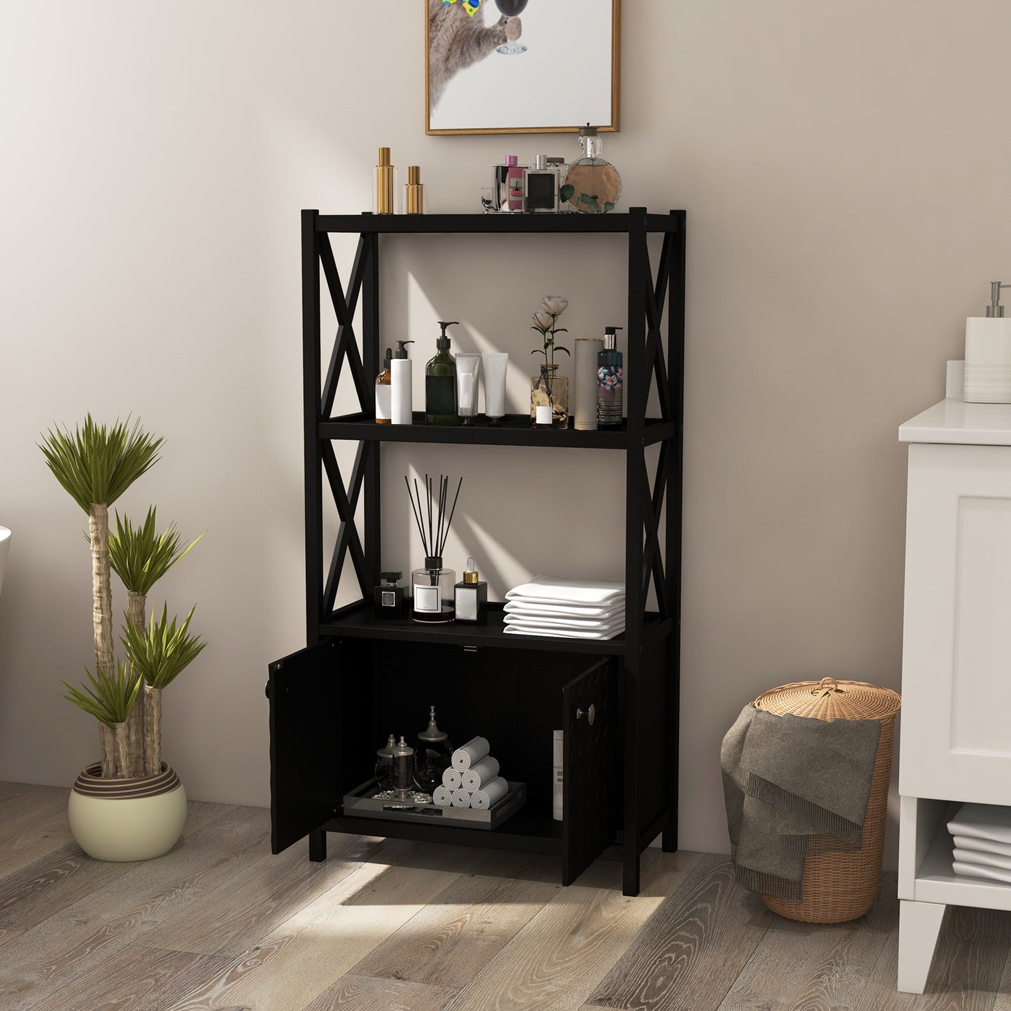 Bathroom Storage Cabinet with Open Shelves and Double Doors, Black Floor Cabinets at Gallery Canada