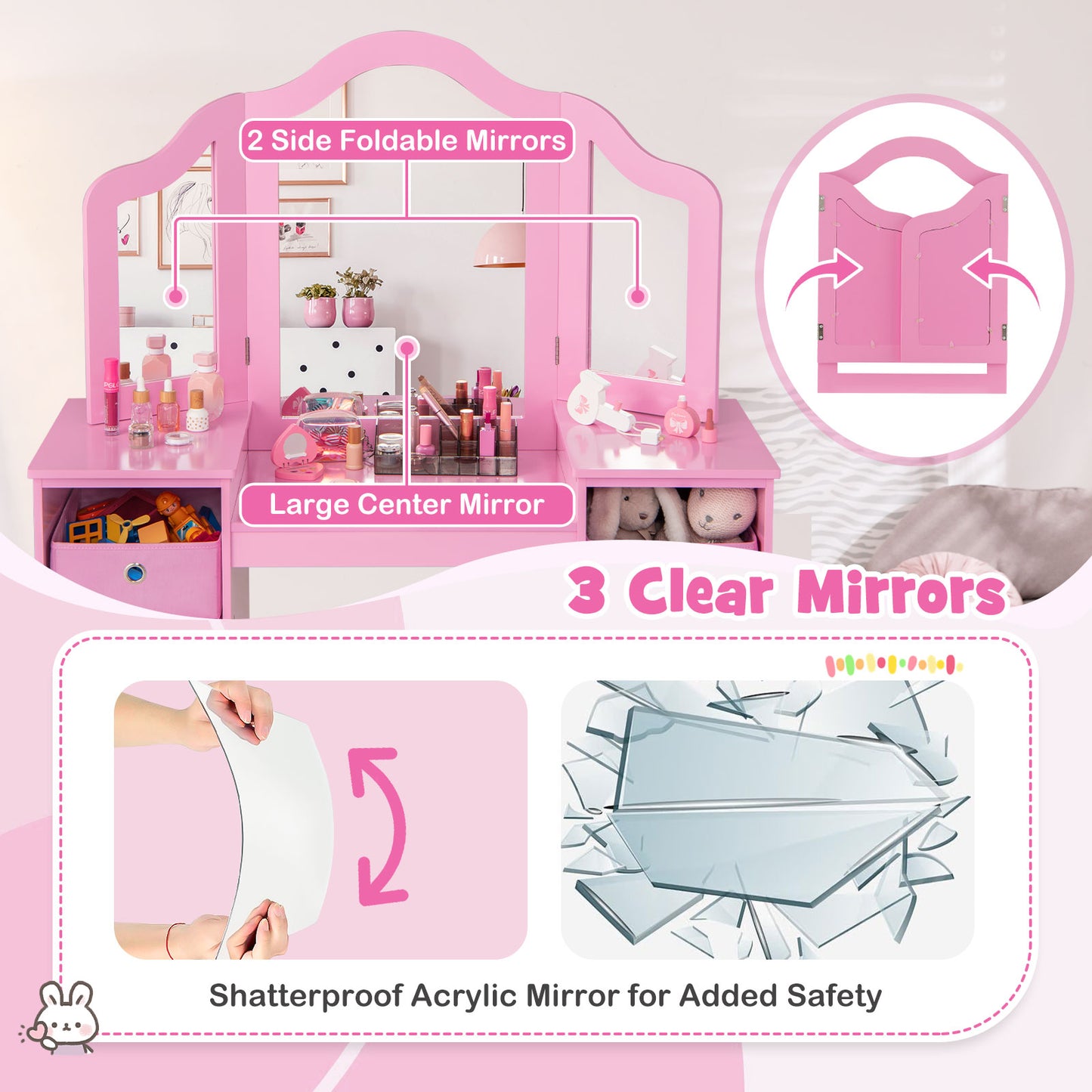 Kids Vanity Table And Chair Set With Mirrors And Storage Bins, Pink Kids Vanities at Gallery Canada